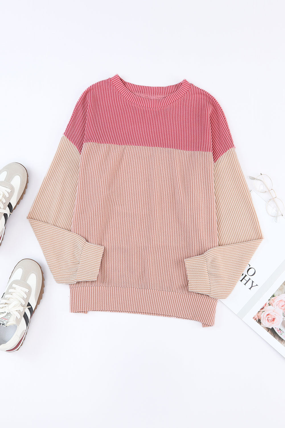 Pink Color Block Long Sleeve Ribbed Loose Top