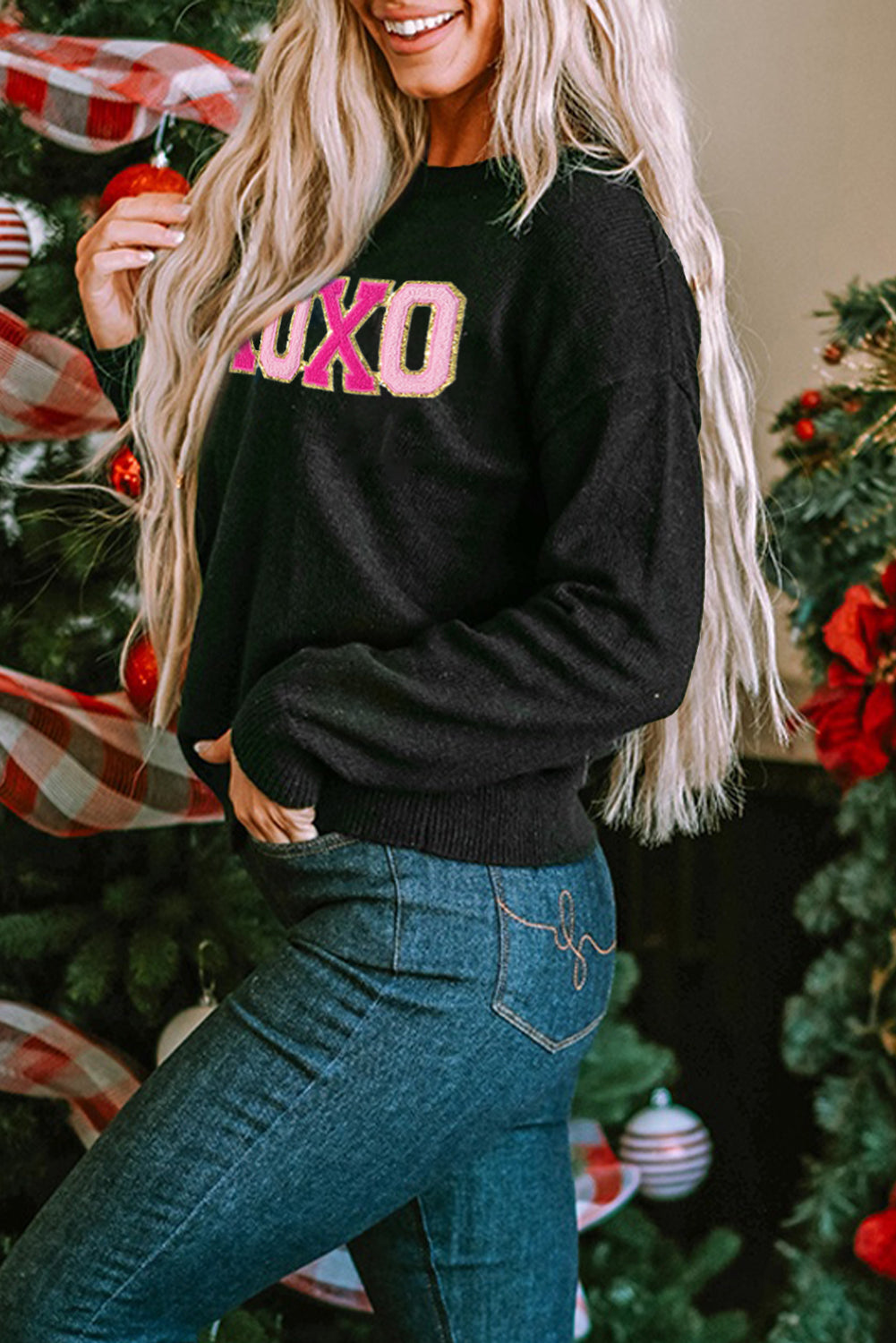 Black XOXO Glitter Print Round Neck Casual Sweater