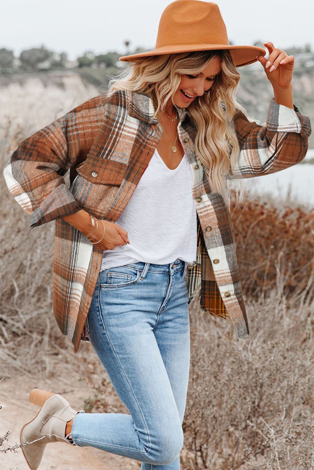 Cali Chic Women Shacket Jacket Celebrity Brown Plaid Flap Pockets