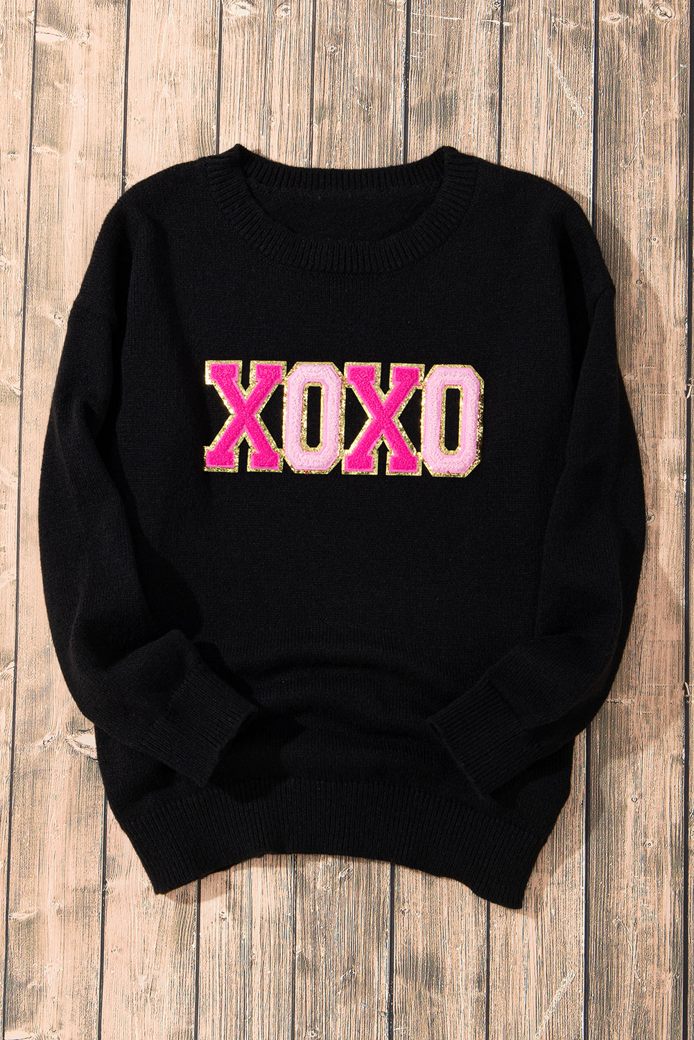 Black XOXO Glitter Print Round Neck Casual Sweater