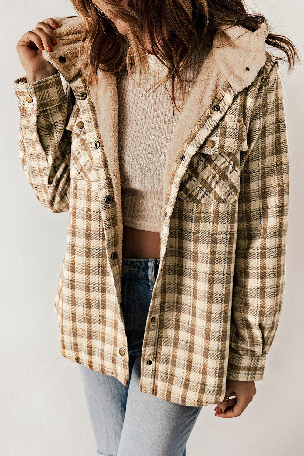 Khaki Plaid Pattern Sherpa Lined Hooded Shacket