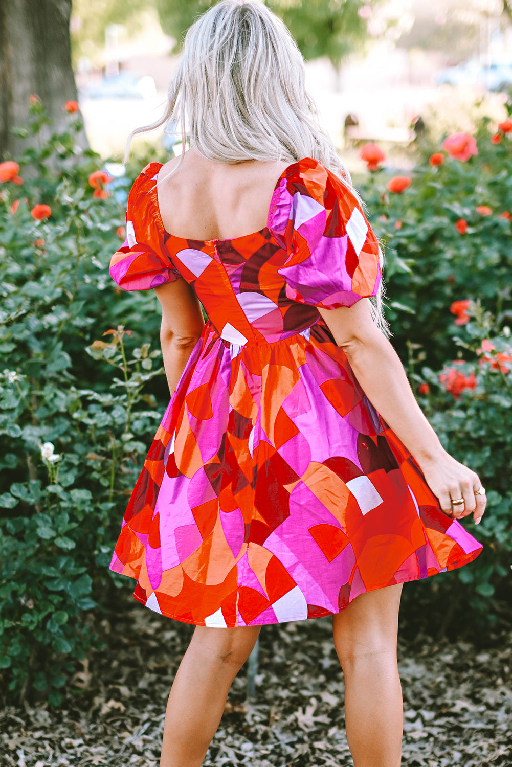 Red Abstract Print Square Neck Puff Sleeve Dress