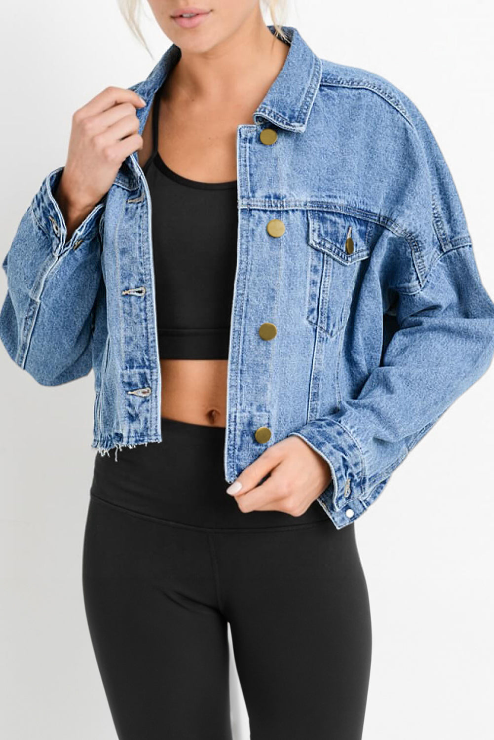 Cali Chic Sky Blue Medium Wash Chunky Cropped Denim Jacket