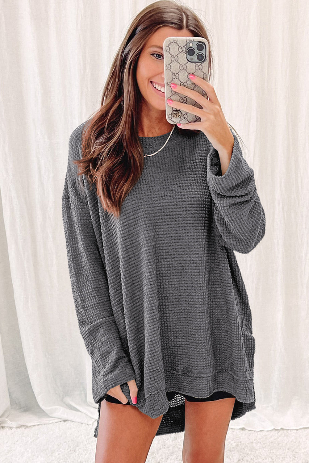 Cali Chic Women Grey Waffle Knit High Slits Oversized Tops