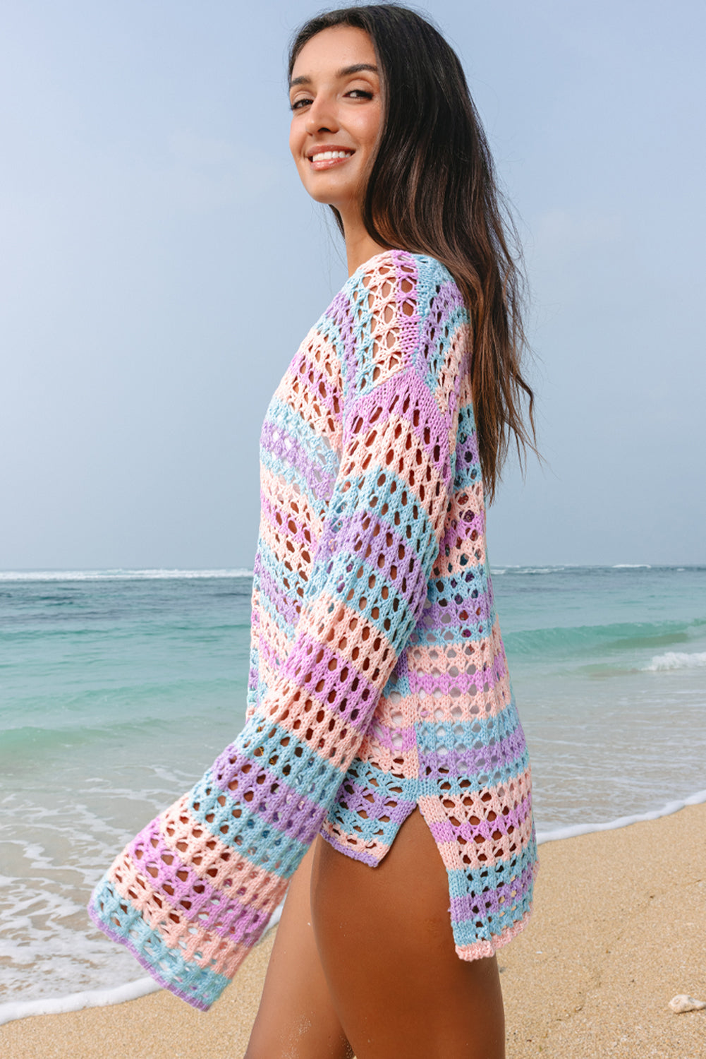 Cali Chic Purple Multi Stripe Open Knit Sweater Beach Cover Up