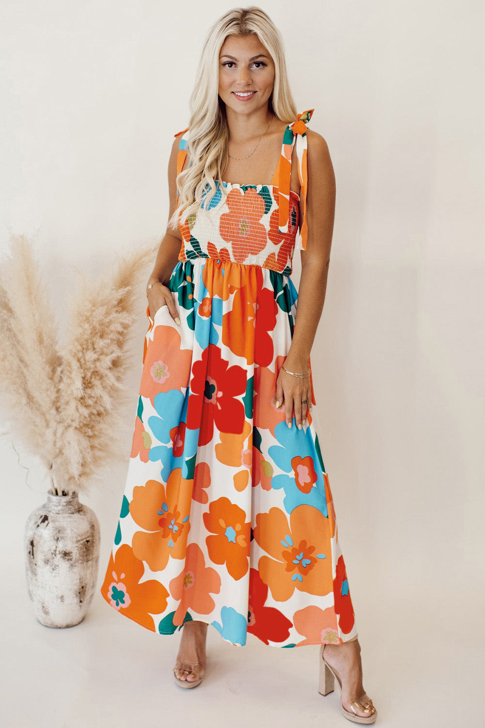 Orange Floral Self Tied Straps Smocked Bust Maxi Dress