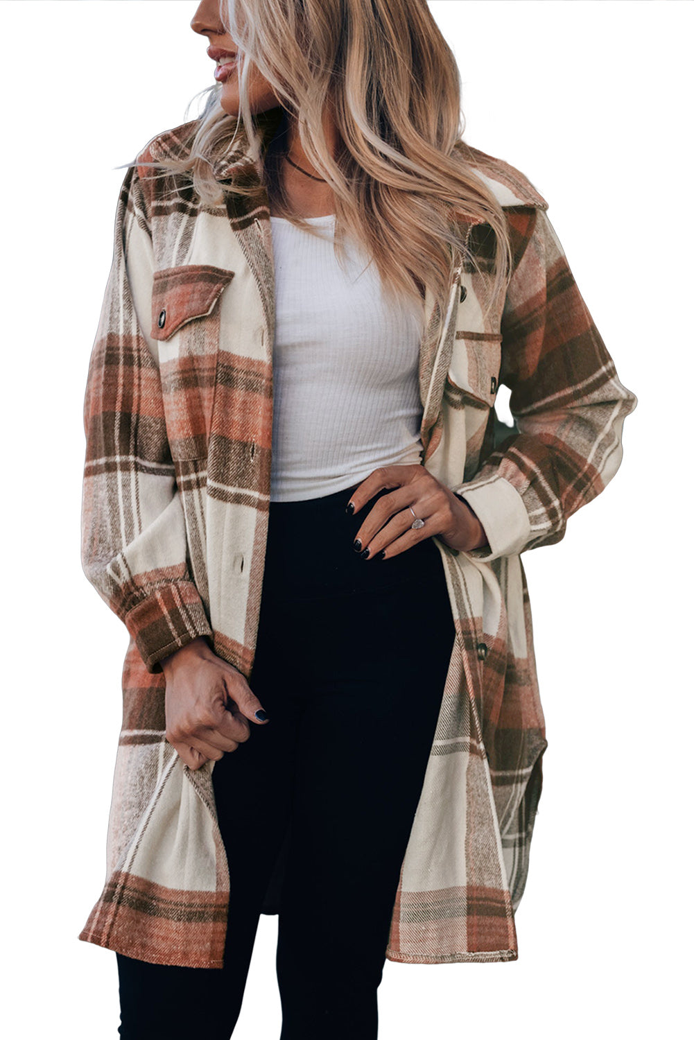 Cali Chic Brown Plaid Print Flap Pockets Long Shacket