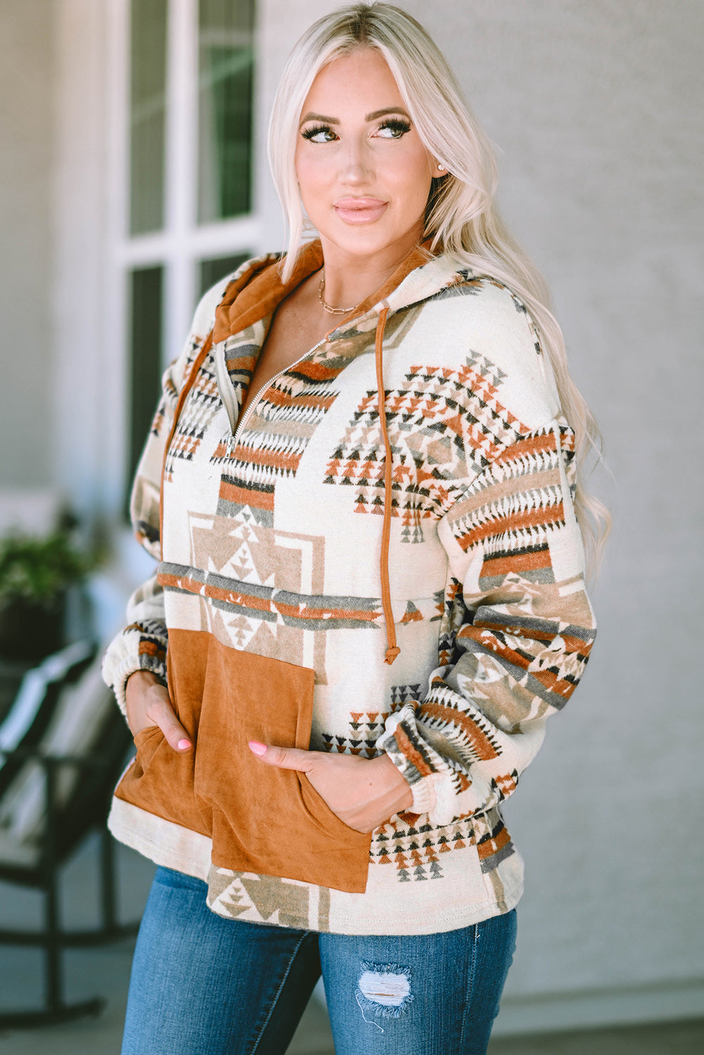 Cali Chic Beige Aztec Print Kangaroo Pocket Half-Zip Hoodie