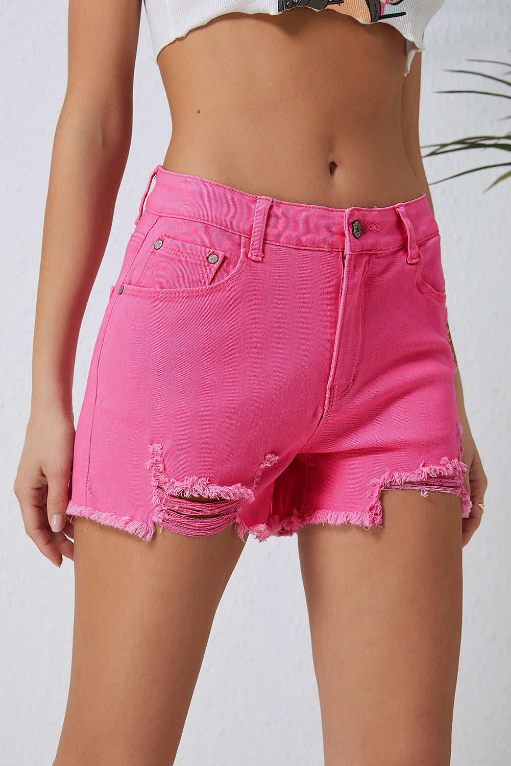 Rose Distressed Slim Fit High Waist Denim Shorts