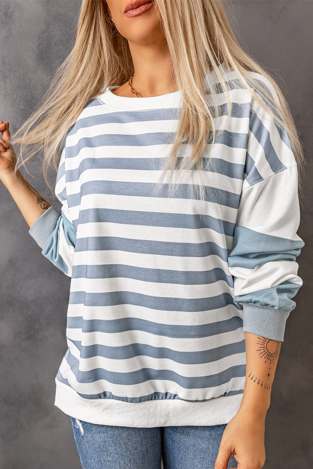 Cali Chic Stripe Drop Shoulder Striped Pullover Sweatshirt