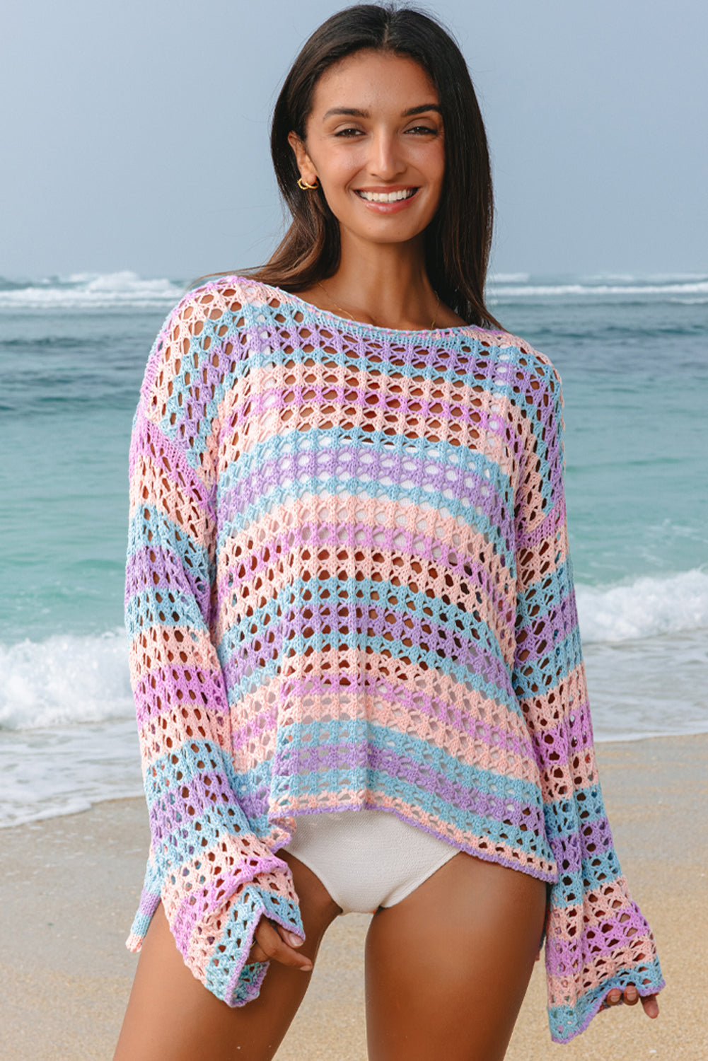 Cali Chic Purple Multi Stripe Open Knit Sweater Beach Cover Up