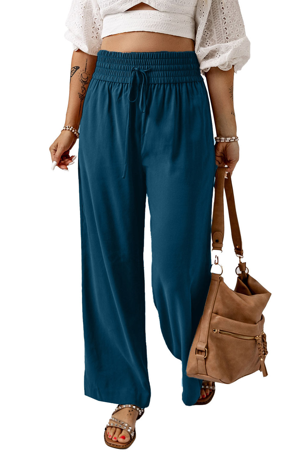 Cali Chic Blue Drawstring Elastic Waist Casual Wide Leg Pants