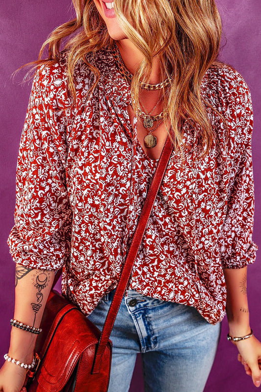 Biking Red Floral Print Smocked Tie Neck Blouse