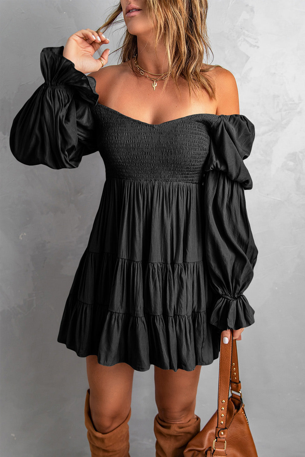 Black Boho Solid Shirred Ruffle Mini Dress