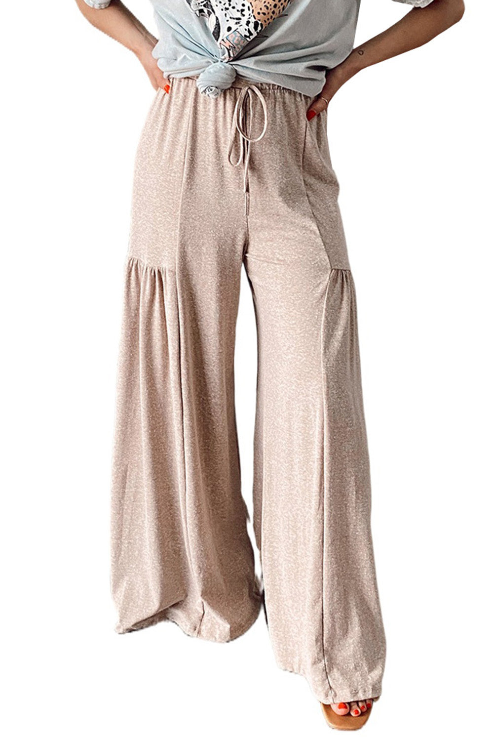 Khaki Drawstring Pleated Wide Leg Pants