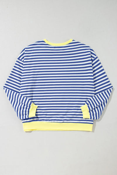 Cali Chic Women Sweatshirt Blue Stripe Oversized Contrast Trim Knit Round Neck Pullover