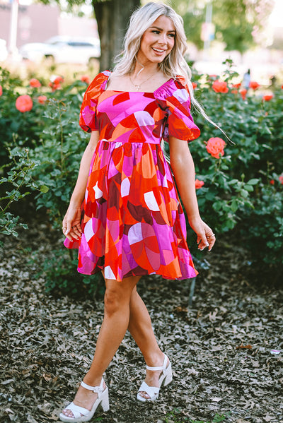 Red Abstract Print Square Neck Puff Sleeve Dress