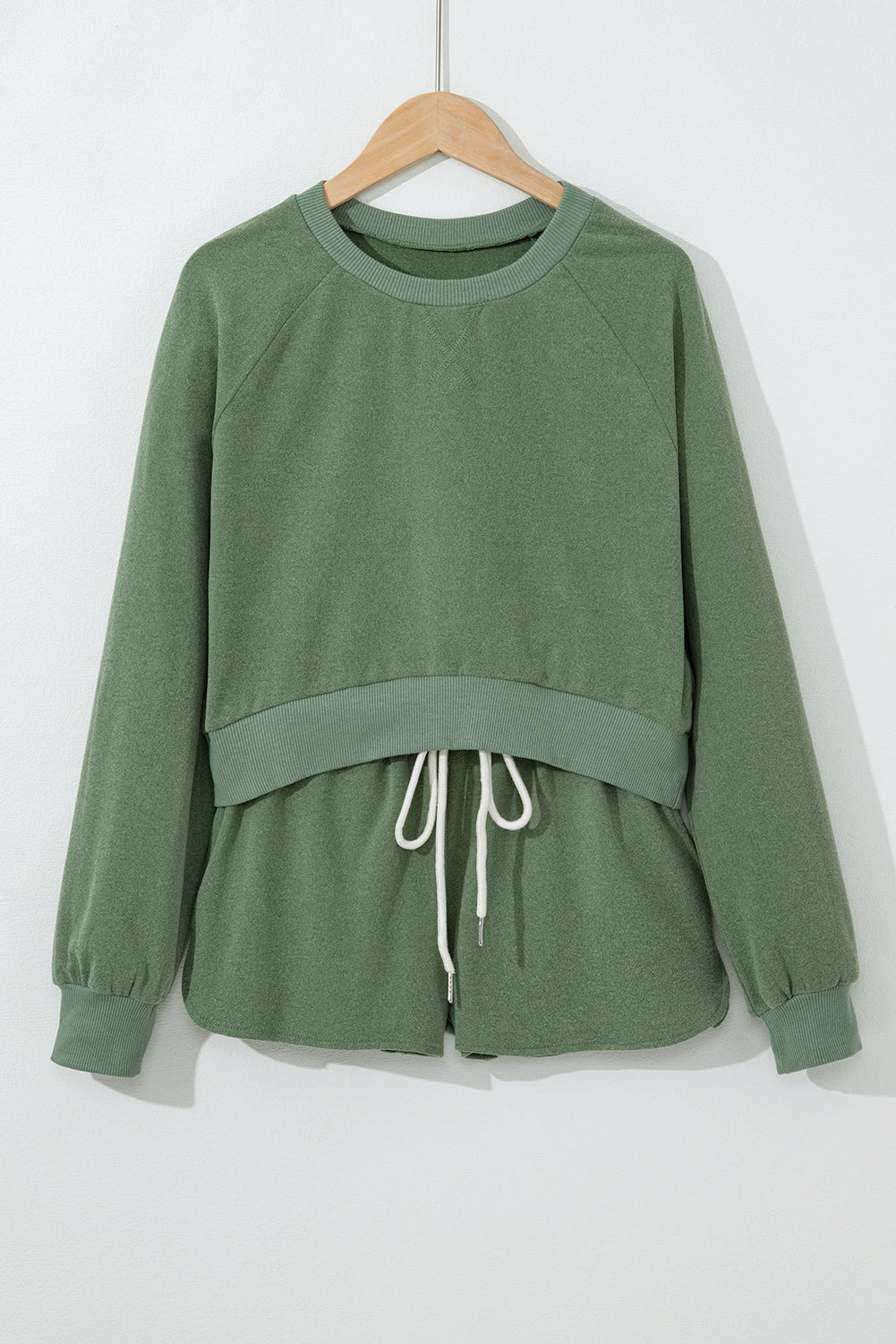 Green Fleece Two-piece Cropped Pullover and Shorts Set