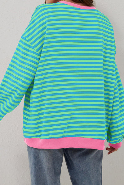 Cali Chic Women Sweatshirt Sky Blue Stripe Oversized Contrast Trim Knit Round Neck Pullover