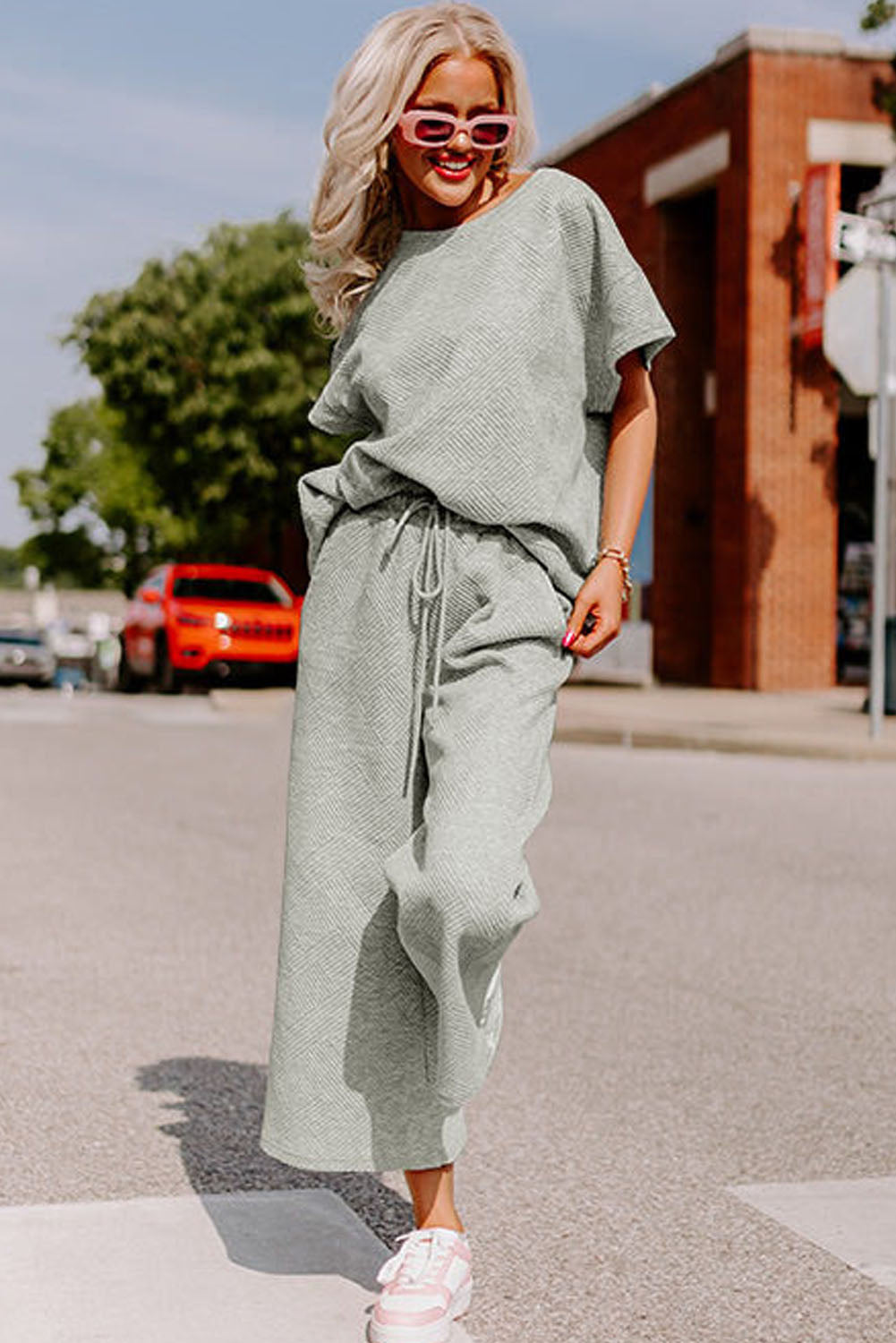 Cali Chic Gray Textured Loose Fit T Shirt and Drawstring Pants Set