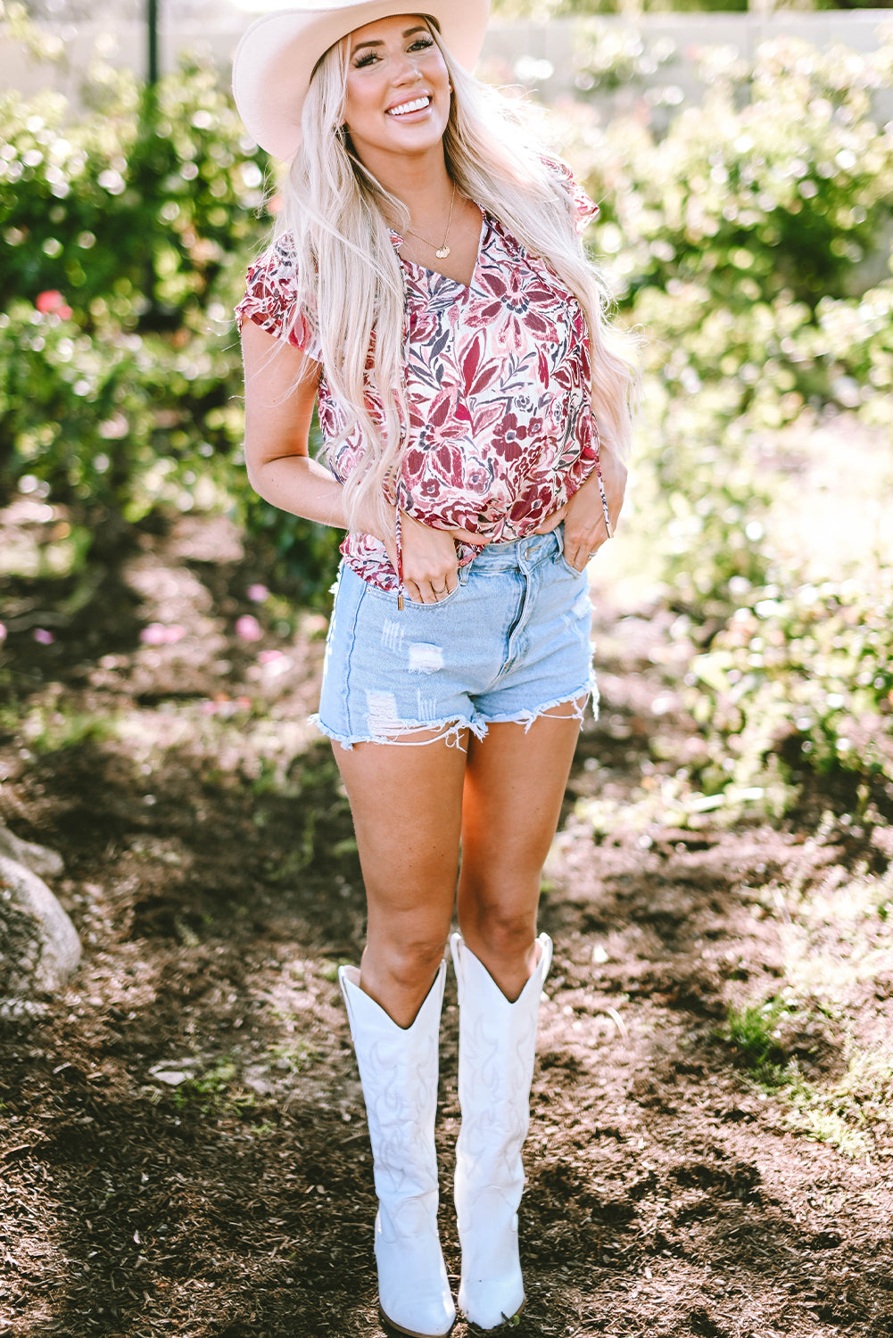 White Floral Ruffled Short Sleeve V Neck Blouse