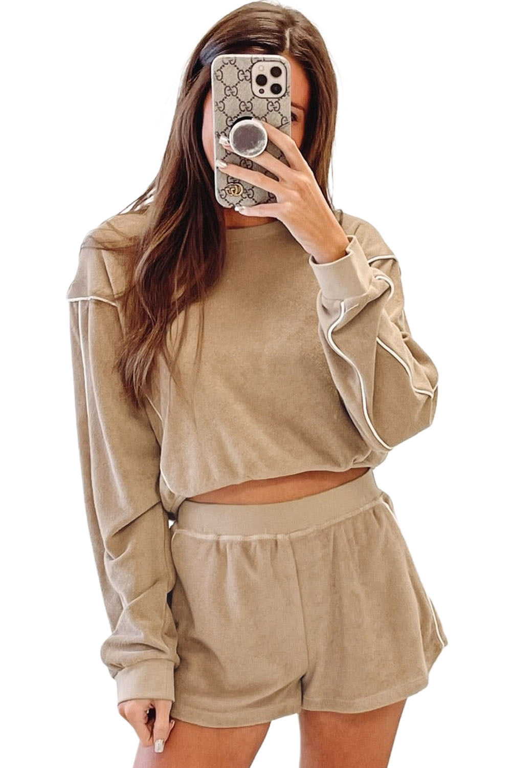 Khaki Piping Trim Long Sleeve Terry Shorts Set