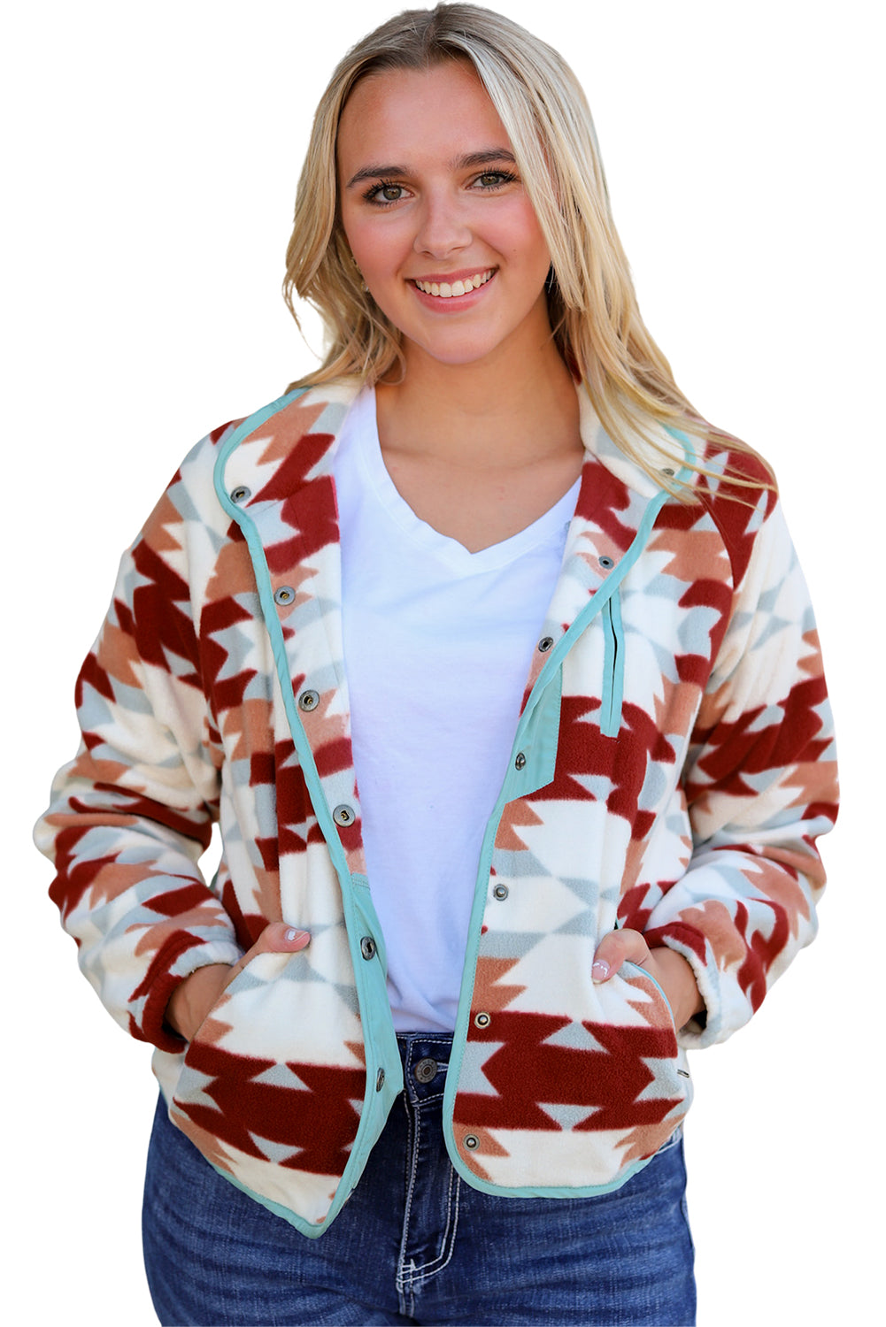 Cali Chic Red Western Aztec Buttoned Zipper Pockets Fleece Jacket