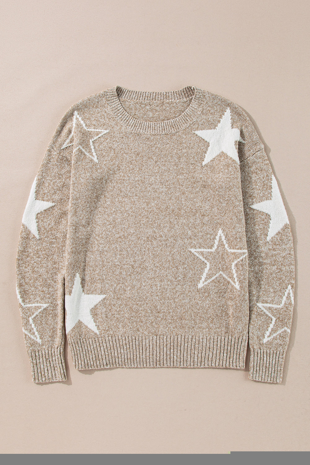 Cali Chic Women Sweater Khaki Star Pattern Drop Shoulder Pullover Top