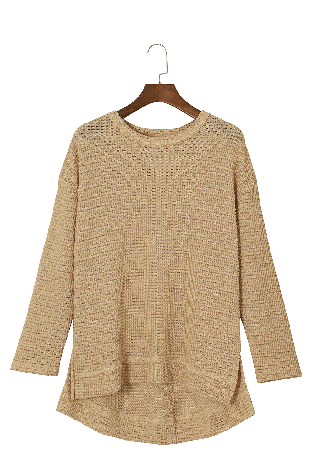 Cali Chic Women Khaki Waffle Knit High Slits Oversized Tops