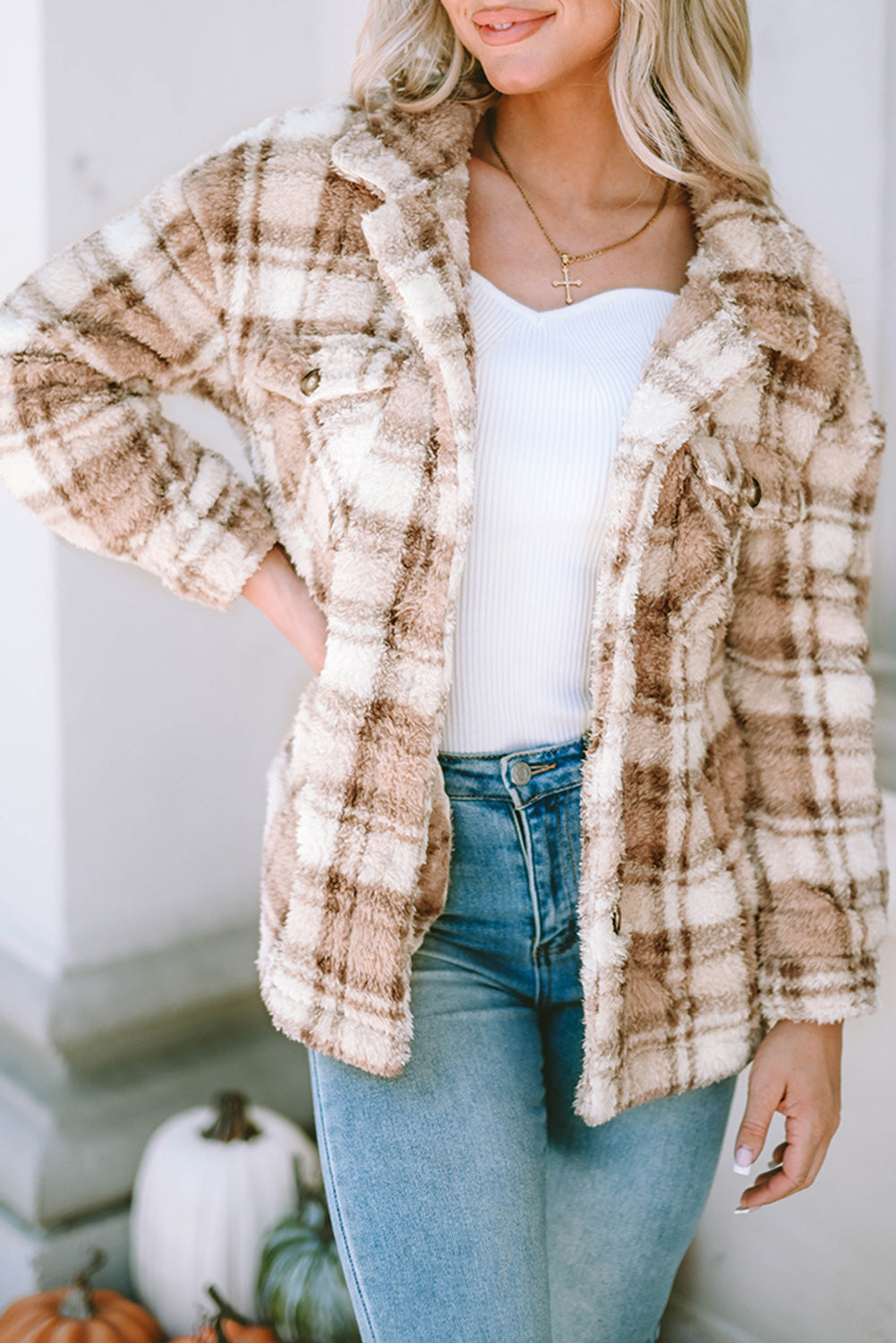 Khaki Sherpa Plaid Button Pocketed Jacket