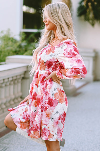 White Floral Print Smocked Puff Sleeve Mini Dress