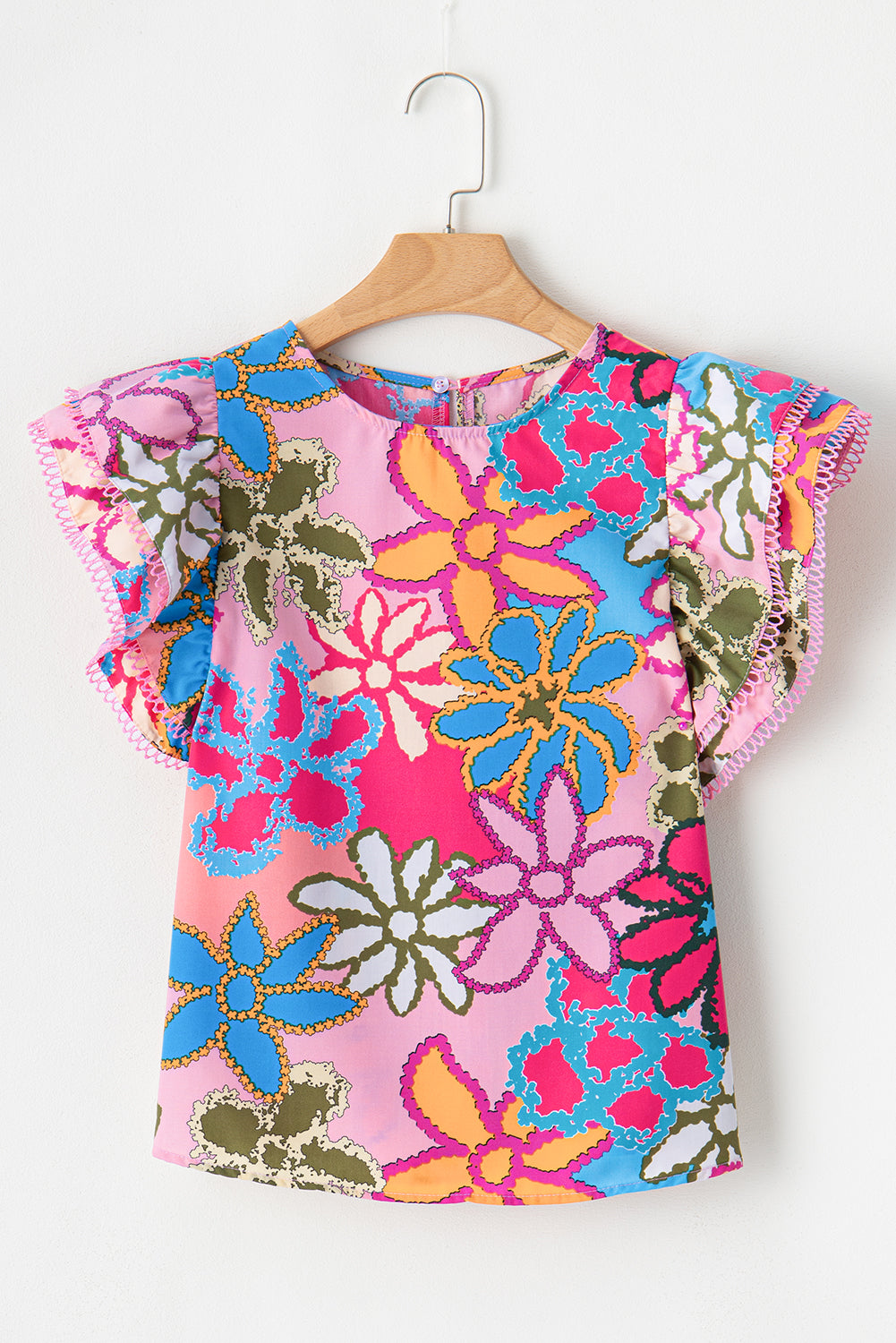 Multicolor Vibrant Floral Print Trimmed Ruffle Sleeve Blouse