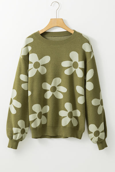 Cypress Big Flower Knit Ribbed Trim Sweater