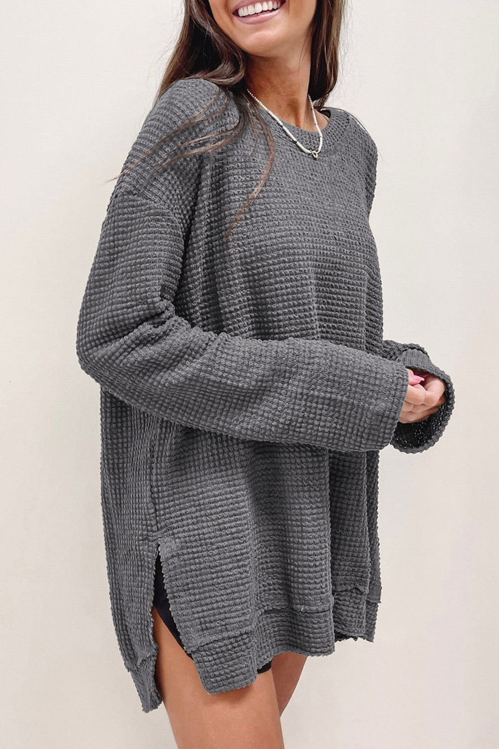 Cali Chic Women Grey Waffle Knit High Slits Oversized Tops