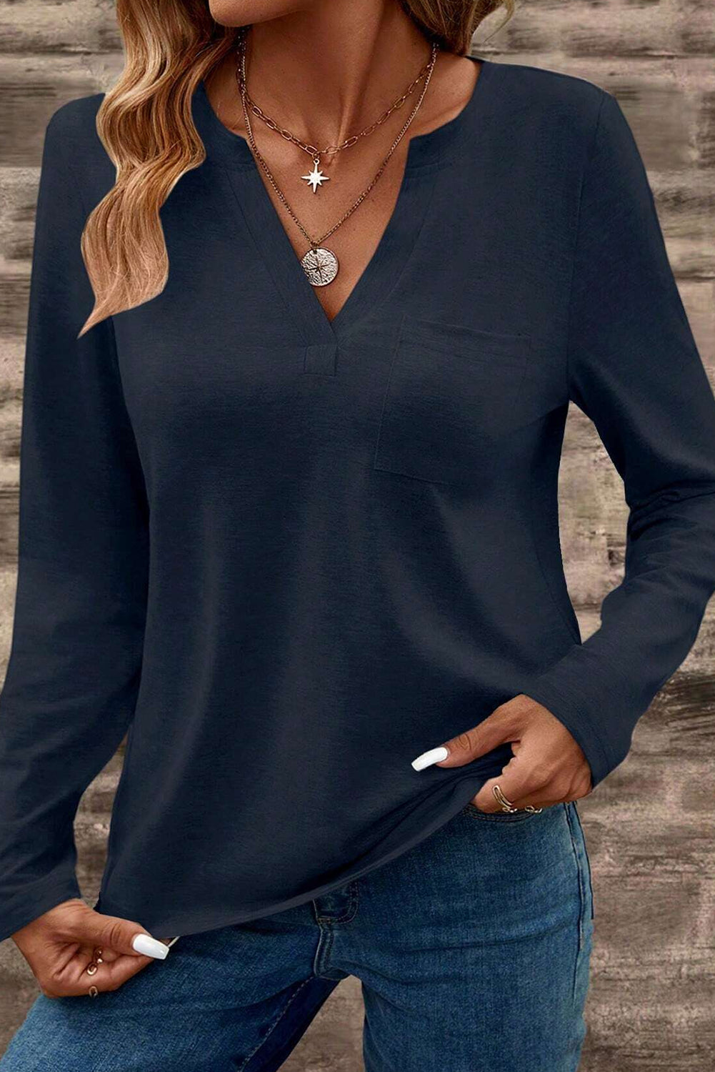 Cali Chic Dirty blue Notch V Neck Pocket Patched Long Sleeve T Shirt