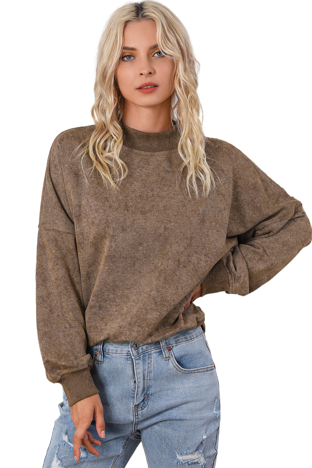 Cali Chic Women Brown Drop Shoulder Crew Neck Pullover Sweatshirt