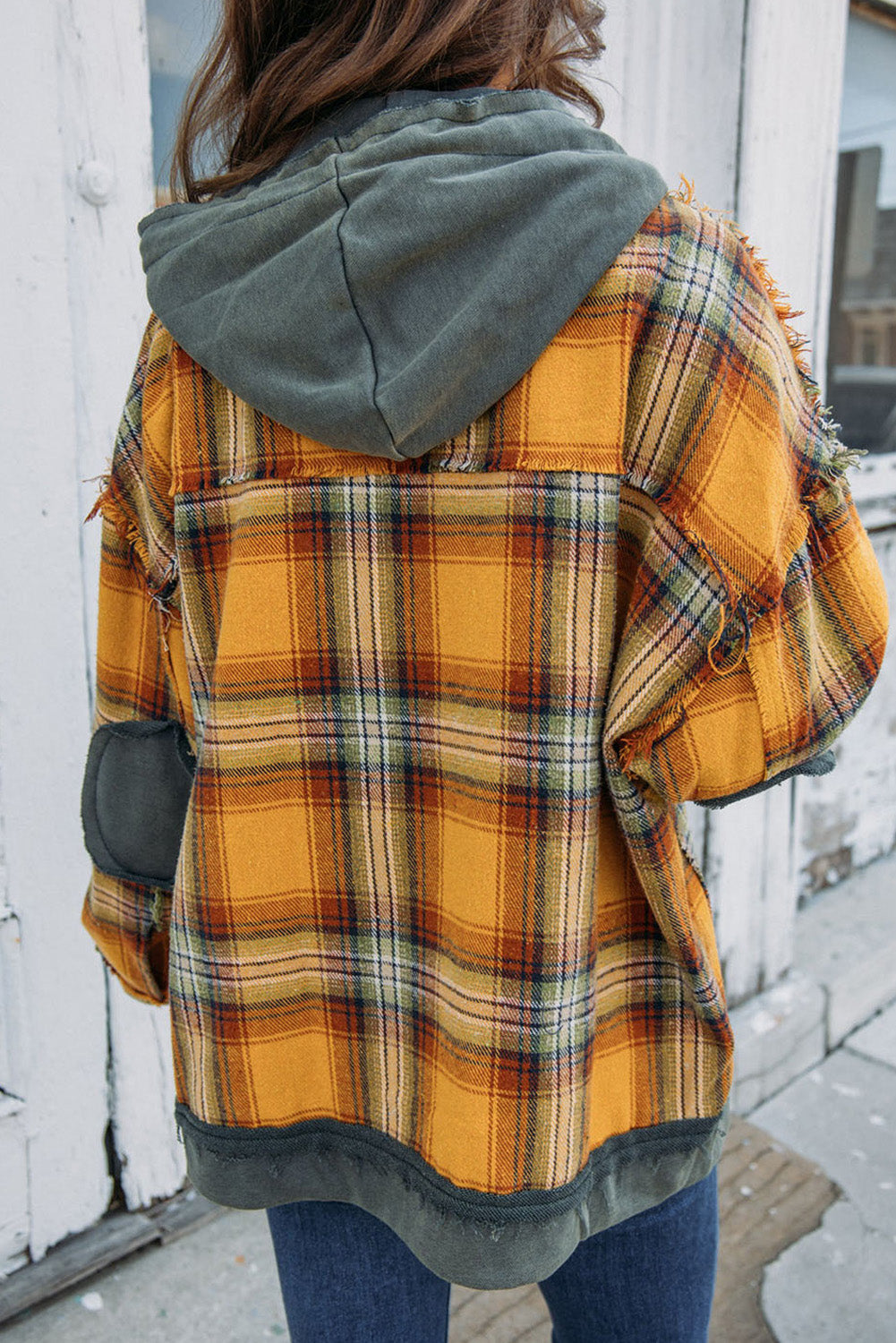 Cali Chic Orange Plaid Patch Hooded Frayed Snap Button Jacket