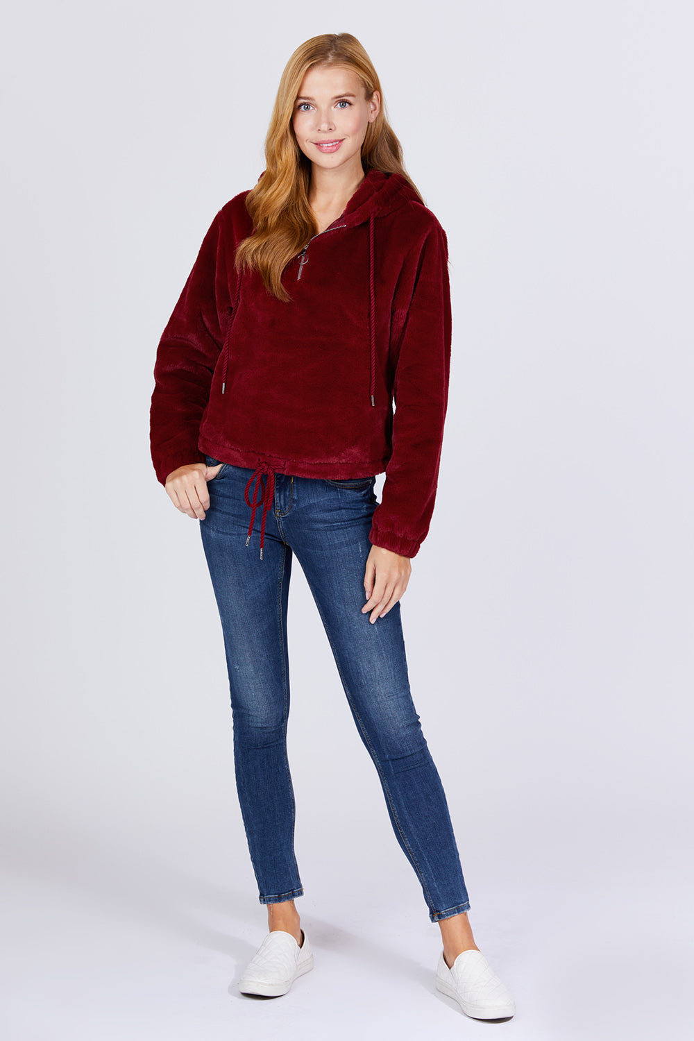 Cali Chic Juniors' Hoodie Celebrity Quarter Zip Burgundy Drawstring Faux Hoodie