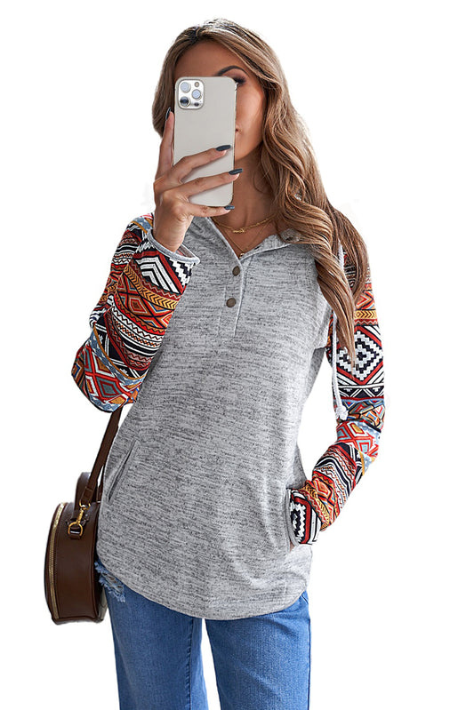 Cali Chic Women's Sweatshirt Hoodie Celebrity Gray Tribal Print Long Sleeve Button Neckline Drawstring Hoodie