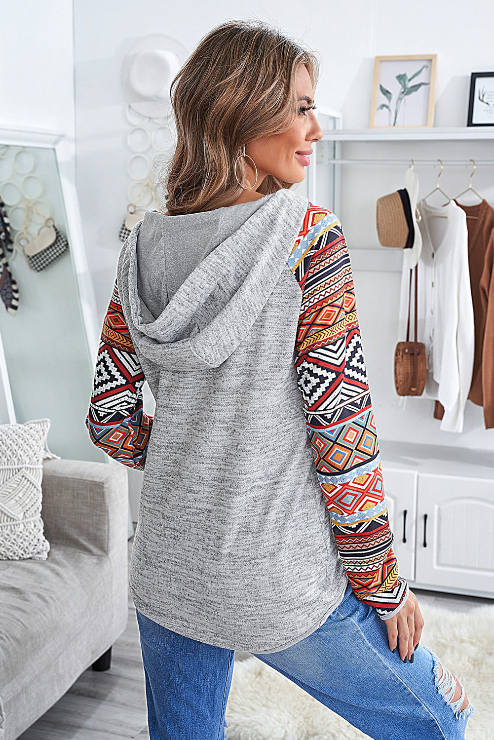 Cali Chic Women's Sweatshirt Hoodie Celebrity Gray Tribal Print Long Sleeve Button Neckline Drawstring Hoodie