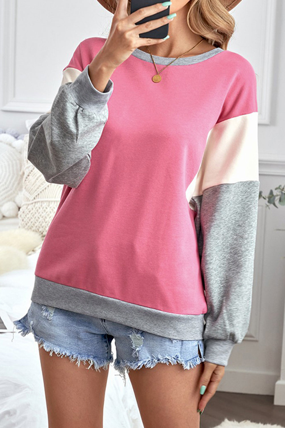 Cali Chic Women's Sweatshirt Celebrity Rose Color Block Pullover Sweatshirt