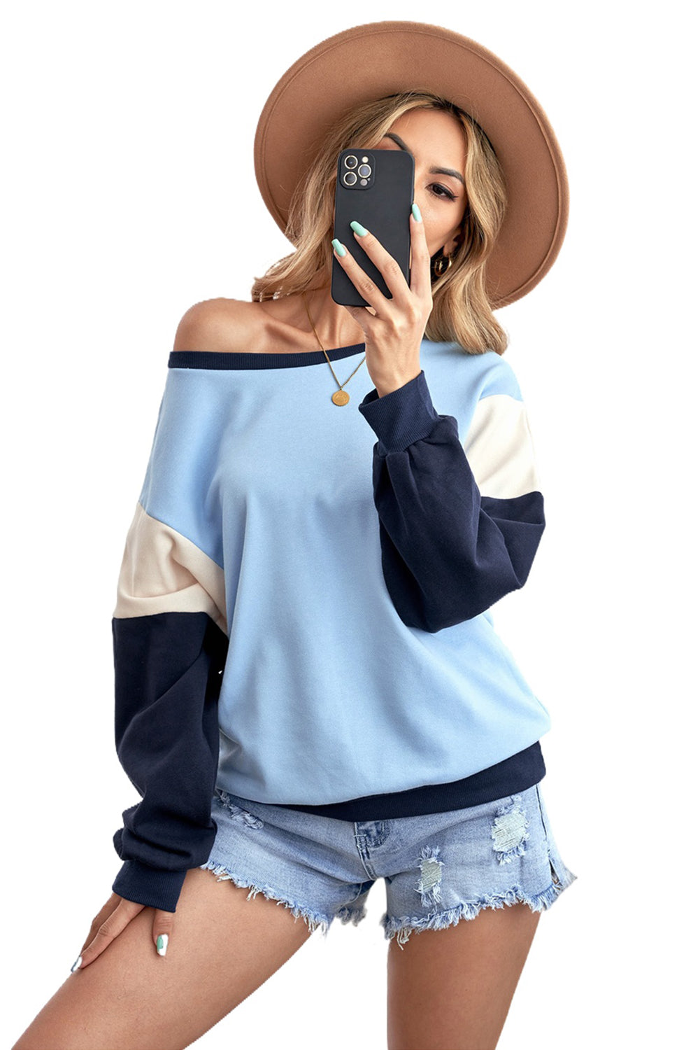 Cali Chic Women's Sweatshirt Celebrity Sky Blue Color Block Pullover Sweatshirt