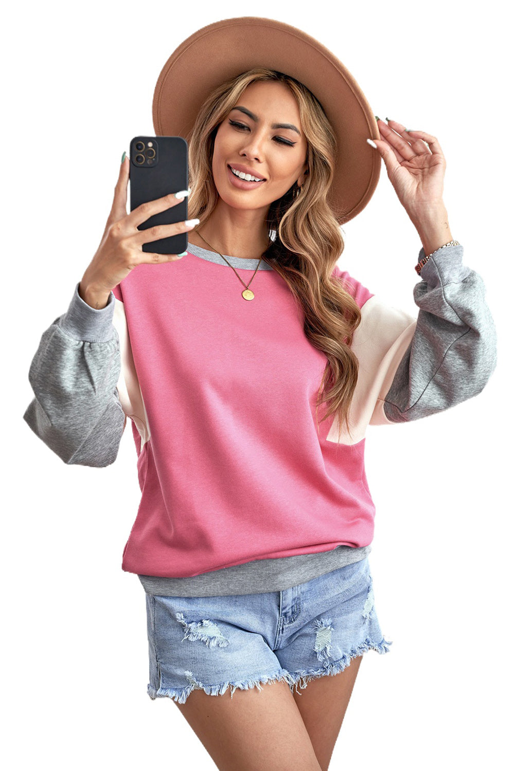 Cali Chic Women's Sweatshirt Celebrity Rose Color Block Pullover Sweatshirt