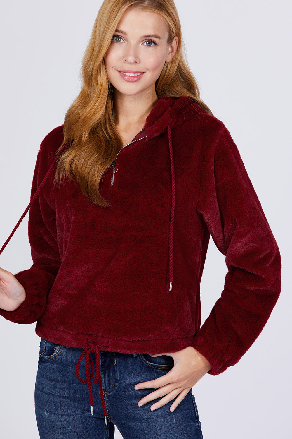 Cali Chic Juniors' Hoodie Celebrity Quarter Zip Burgundy Drawstring Faux Hoodie