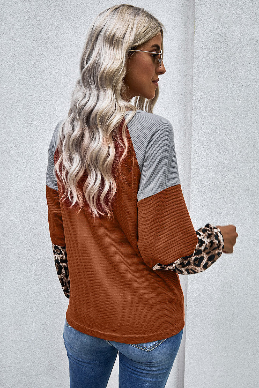 Cali Chic Juniors' Long Sleeve Tops Celebrity Leopard Waffle Knit Multicolor Blouse with Twist Knot